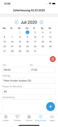 Mobil Ansicht iPhone Zeiterfassung das-programm.io